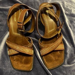 👠5/$25 brown ankle strap wedge heeled shoes